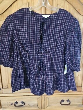 Time and Tru Black and Red Windowpane Tie-Front Peplum Top